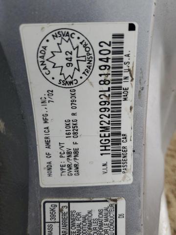 1HGEM22992L819402 - 2002 HONDA CIVIC EX SILVER photo 12