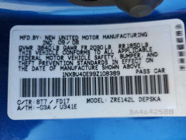 1NXBU40E99Z108389 - 2009 TOYOTA COROLLA BASE BLUE photo 13