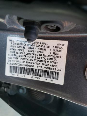 2HGFC2F61KH549859 - 2019 HONDA CIVIC LX 灰色 照片 12