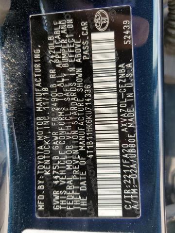 4T1B11HK6KU714336 - 2019 TOYOTA CAMRY L BLUE photo 12