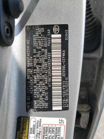 4T1BE32K04U932493 - 2004 TOYOTA CAMRY LE SILVER photo 12
