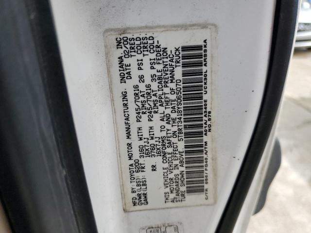 5TBRT3418YS065070 - 2000 TOYOTA TUNDRA ACCESS CAB 白色 照片 12