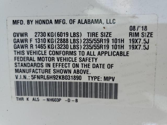5FNRL6H92KB031890 - 2019 HONDA ODYSSEY ELITE Blanc photo 14