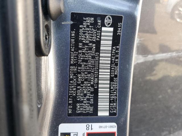 4T1BK1EB7DU003670 - 2013 TOYOTA AVALON BASE CHARCOAL photo 12