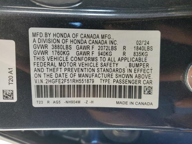 2HGFE2F51RH551879 - 2024 HONDA CIVIC SPORT GRAY photo 13