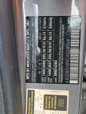 4JGDA5HBXCA018064 - 2012 MERCEDES-BENZ ML 350 4MATIC GRAY photo 13