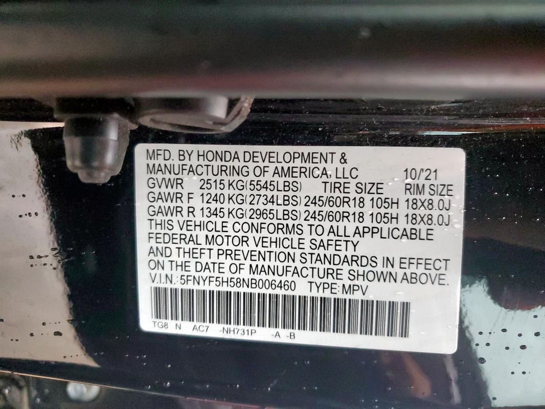 5FNYF5H58NB006460 - 2022 HONDA PILOT EXL BLACK photo 13