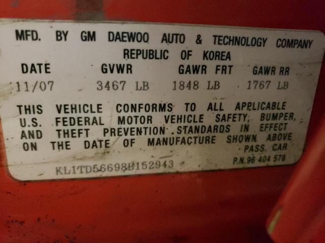 KL1TD56698B152943 - 2008 CHEVROLET AVEO BASE Qırmızı foto 12