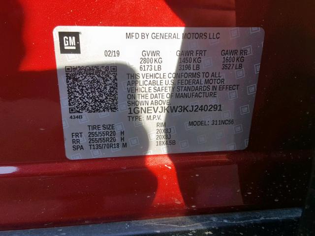 1GNEVJKW3KJ240291 - 2019 CHEVROLET TRAVERSE HIGH COUNTRY  photo 10