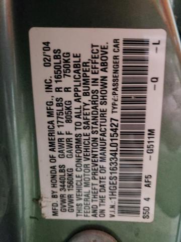 1HGES16334L015427 - 2004 HONDA CIVIC DX VP GREEN photo 12