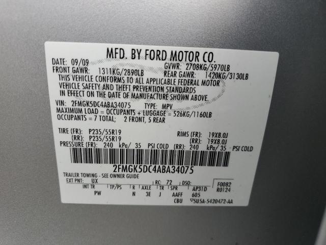 2FMGK5DC4ABA34075 - 2010 FORD FLEX LIMITED SILVER photo 12