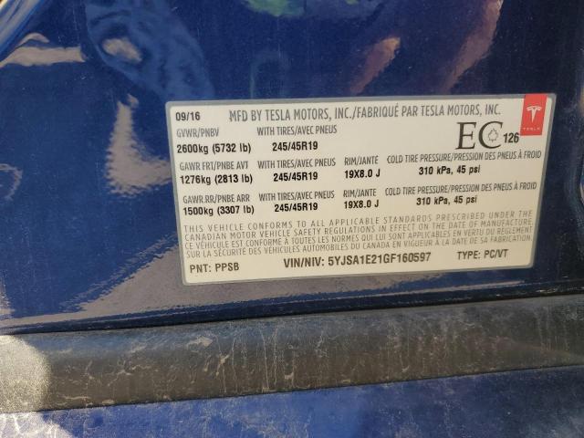 5YJSA1E21GF160597 - 2016 TESLA MODEL S Կապույտ լուսանկար 12