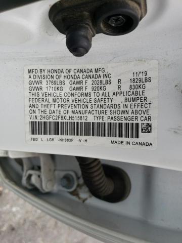 2HGFC2F8XLH515812 - 2020 HONDA CIVIC SPORT 白色 照片 12