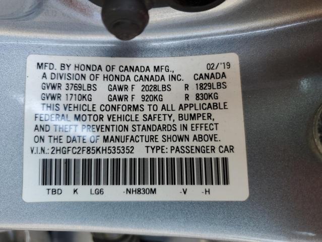 2HGFC2F85KH535352 - 2019 HONDA CIVIC SPORT 银色 照片 12