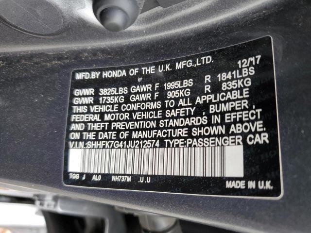 SHHFK7G41JU212574 - 2018 HONDA CIVIC SPORT 灰色 照片 12