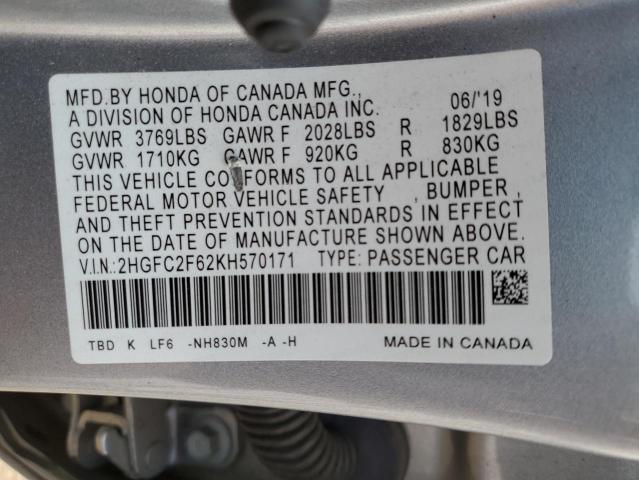 2HGFC2F62KH570171 - 2019 HONDA CIVIC LX SILVER photo 12