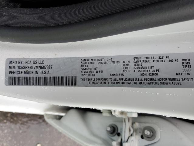 1C6SRFBT7MN687387 - 2021 RAM 1500 BIG HORN/LONE STAR WHITE photo 12