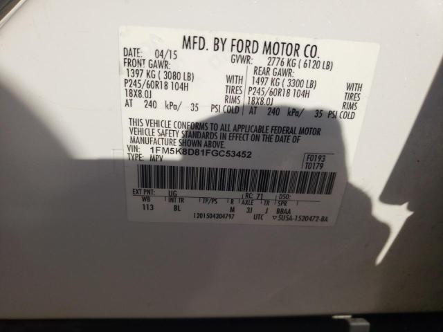 1FM5K8D81FGC53452 - 2015 FORD EXPLORER XLT WHITE photo 13