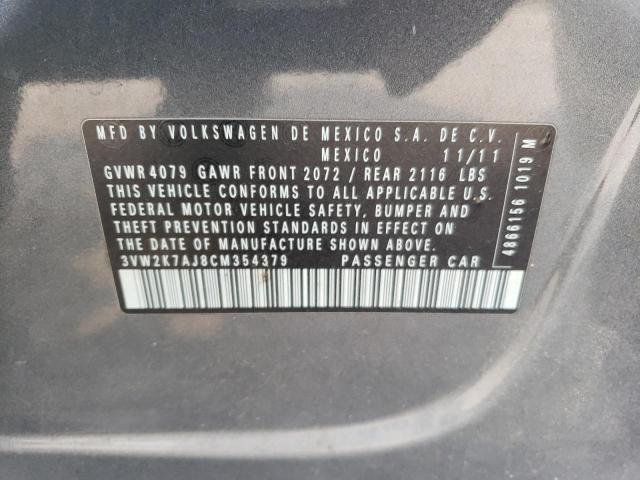 3VW2K7AJ8CM354379 - 2012 VOLKSWAGEN JETTA BASE 灰色 照片 12