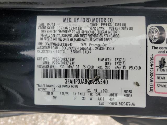 3FAHP0JA8CR136540 - 2012 FORD FUSION SEL BLACK photo 13