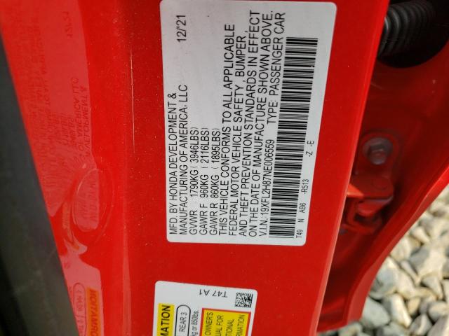 19XFL2H87NE006559 - 2022 HONDA CIVIC SPORT 红色 照片 13