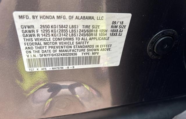 5FNYF6H32KB020936 - 2019 HONDA PILOT EX 灰色 照片 10