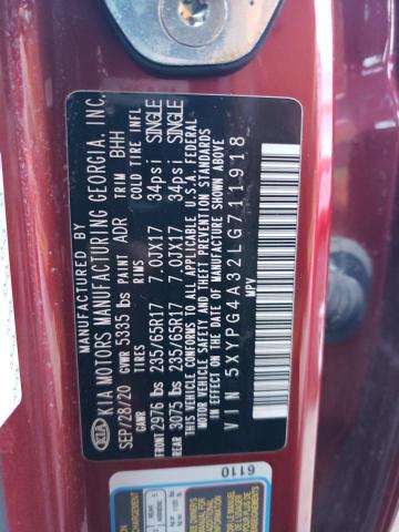 5XYPG4A32LG711918 - 2020 KIA SORENTO L RED photo 13