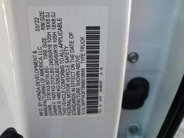 5FPYK3F78NB018846 - 2022 HONDA RIDGELINE RTL WHITE photo 13