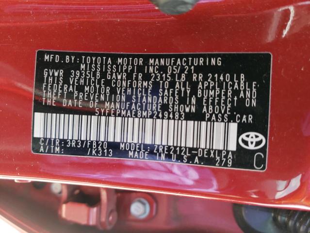 5YFEPMAE8MP249483 - 2021 TOYOTA COROLLA LE RED photo 12