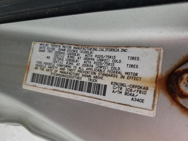 5TESM92N32Z037363 - 2002 TOYOTA TACOMA XTRACAB PRERUNNER ვერცხლისფერი ფოტო 12