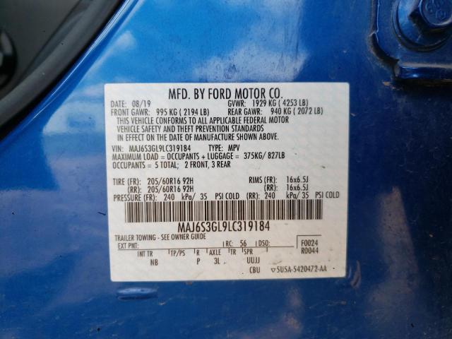 MAJ6S3GL9LC319184 - 2020 FORD ECOSPORT SE BLUE photo 12