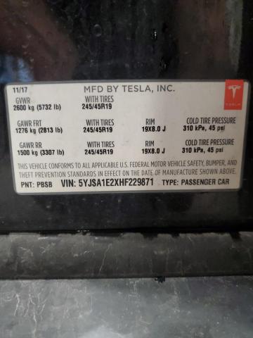 5YJSA1E2XHF229871 - 2017 TESLA MODEL S BLACK photo 12