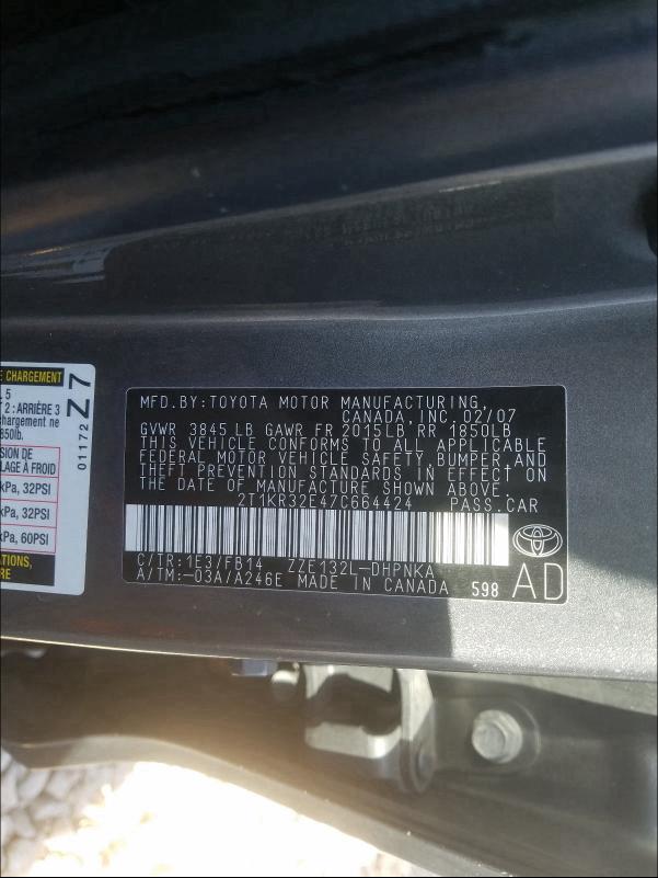 2T1KR32E47C664424 - 2007 TOYOTA COROLLA MA XR SILVER photo 10