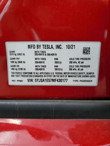 5YJSA1E57MF430177 - 2021 TESLA MODEL S Червоний фото 12