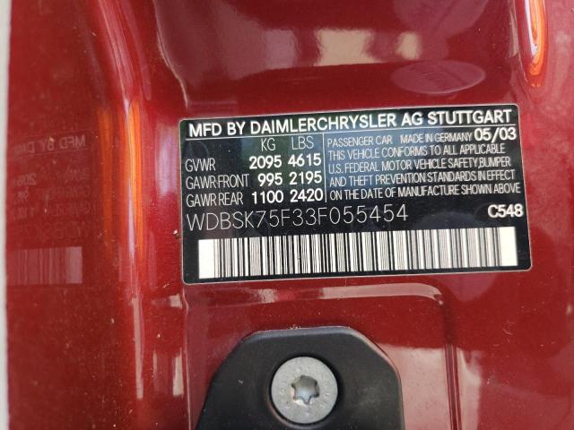 WDBSK75F33F055454 - 2003 MERCEDES-BENZ SL 500R BURGUNDY photo 12