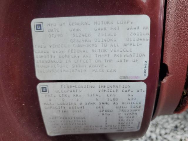 1G1BN53E9MW187619 - 1991 CHEVROLET CAPRICE CLASSIC LTZ BURGUNDY photo 12