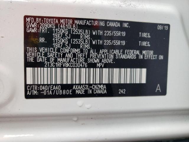 2T3C1RFV8KC030476 - 2019 TOYOTA RAV4 XLE PREMIUM WHITE photo 13