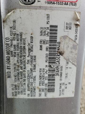 3FAHP0GA5CR284510 - 2012 FORD FUSION S SILVER photo 12