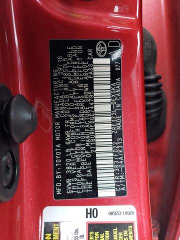 2T1BURHE0GC744795 - 2016 TOYOTA COROLLA L 红色 照片 12