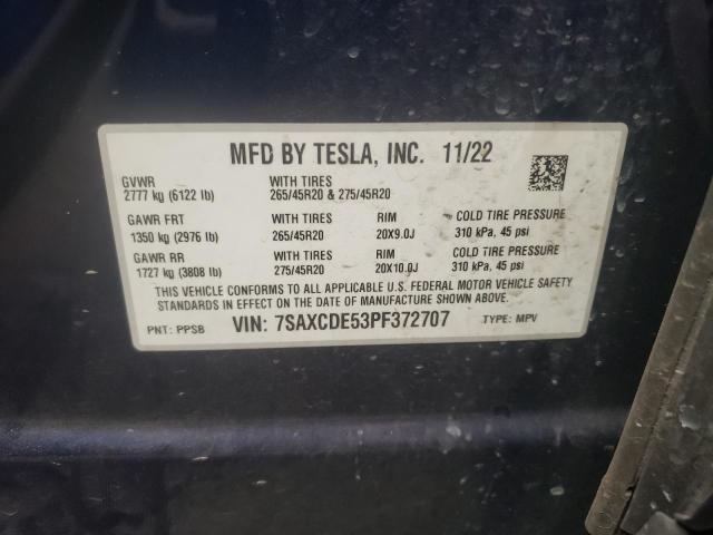 7SAXCDE53PF372707 - 2023 TESLA MODEL X BLUE photo 12