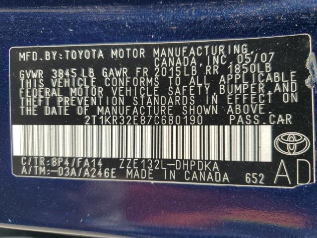 2T1KR32E87C680190 - 2007 TOYOTA COROLLA MA XR BLUE photo 12