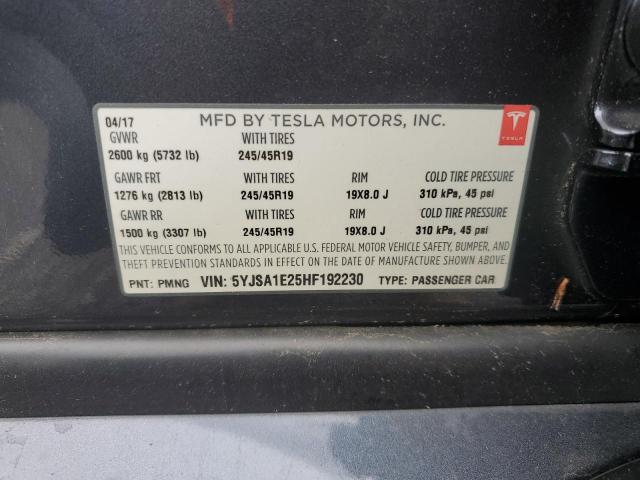 5YJSA1E25HF192230 - 2017 TESLA MODEL S GRAY photo 12