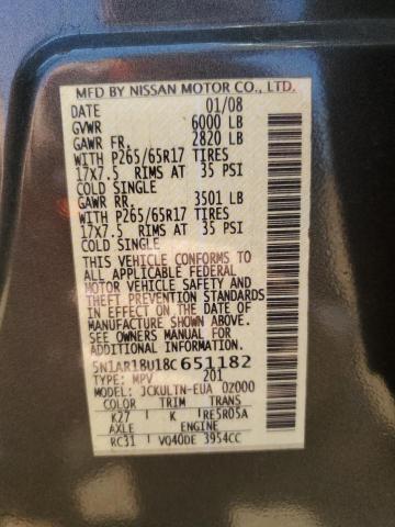 5N1AR18U18C651182 - 2008 NISSAN PATHFINDER S 灰色 照片 13