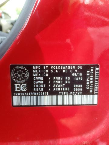 3VW1K7AJ7FM403815 - 2015 VOLKSWAGEN JETTA BASE 红色 照片 12