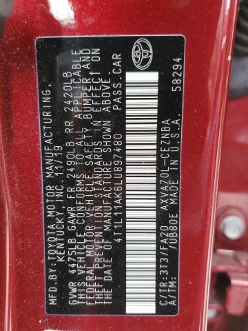 4T1L11AK6LU897480 - 2020 TOYOTA CAMRY LE RED photo 12