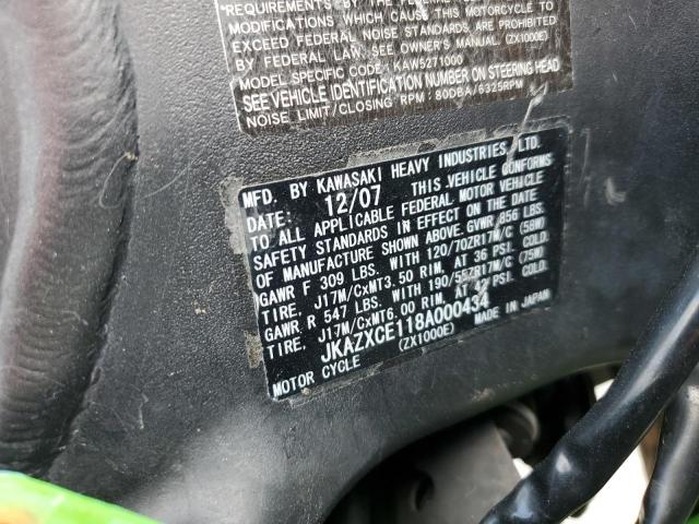 JKAZXCE118A000434 - 2008 KAWASAKI ZX1000 E GREEN photo 10