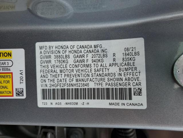 2HGFE2F58NH523846 - 2022 HONDA CIVIC SPORT 银色 照片 12