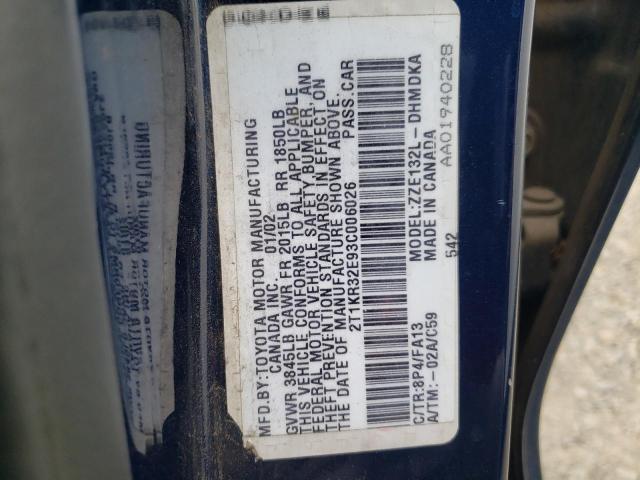 2T1KR32E93C006026 - 2003 TOYOTA COROLLA MA XR BLUE photo 12
