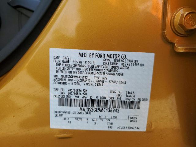 MAJ3S2GE9MC436943 - 2021 FORD ECOSPORT SE ORANGE photo 12