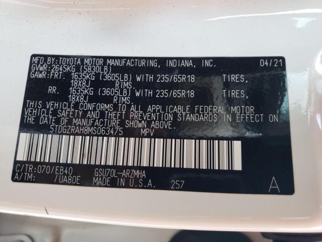 5TDGZRAH8MS063475 - 2021 TOYOTA HIGHLANDER XLE Սպիտակ լուսանկար 13